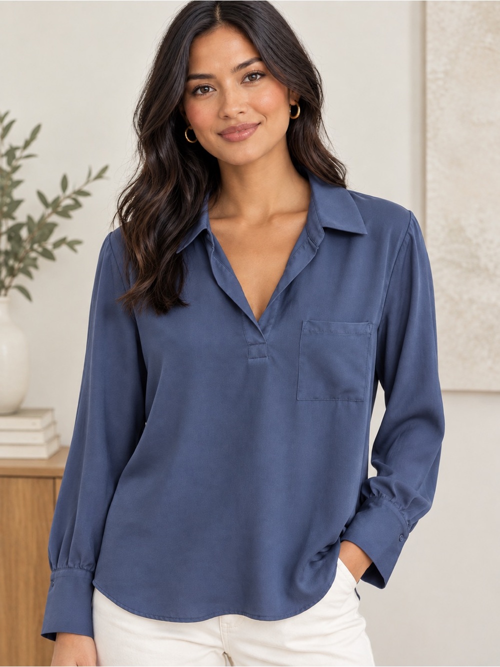 Slate Blue Long Sleeve V-Neck Blouse